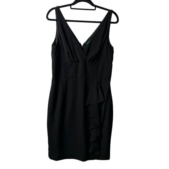 Ralph Lauren Black Cascade Ruffle Pencil Dress Sleeveless women’s size 14 - Picture 1 of 10